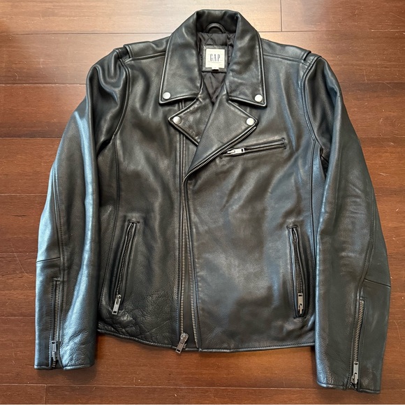GAP Black Leather Moto Biker Jacket for Men M Excellent - Picture 7 of 11